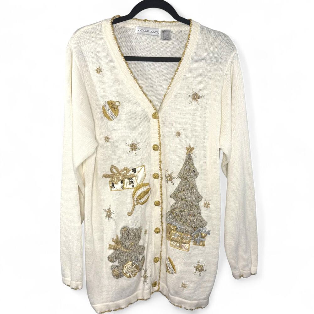 VTG 90s Victoria Jones Ugly Christmas Cardigan L White Gold Sequin Tree Holiday‎